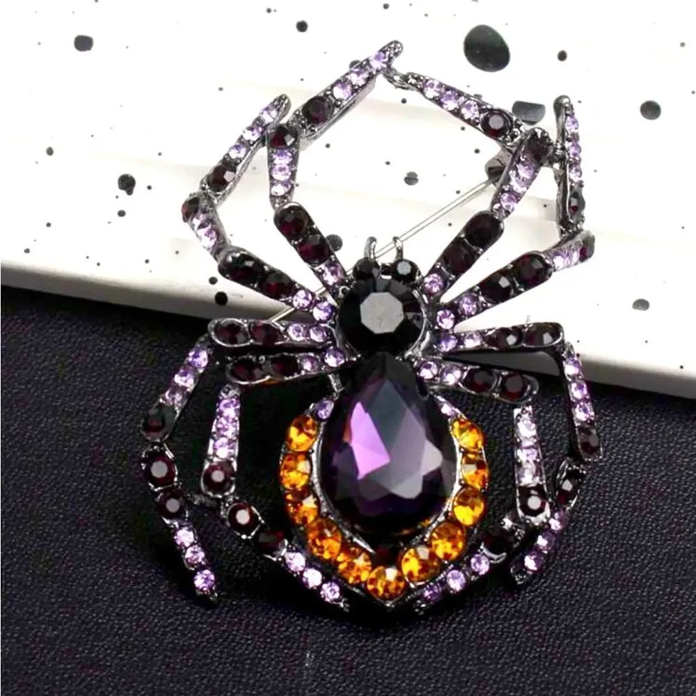 Gothic Rhinestone Spider Brooch, Black, Orange, and Purple, Dark W…